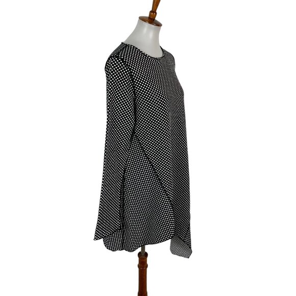 Asymmetrical Polka Dot Tunic Top Large Black White Long Sleeve Flowy Modern Chic - Picture 2 of 3
